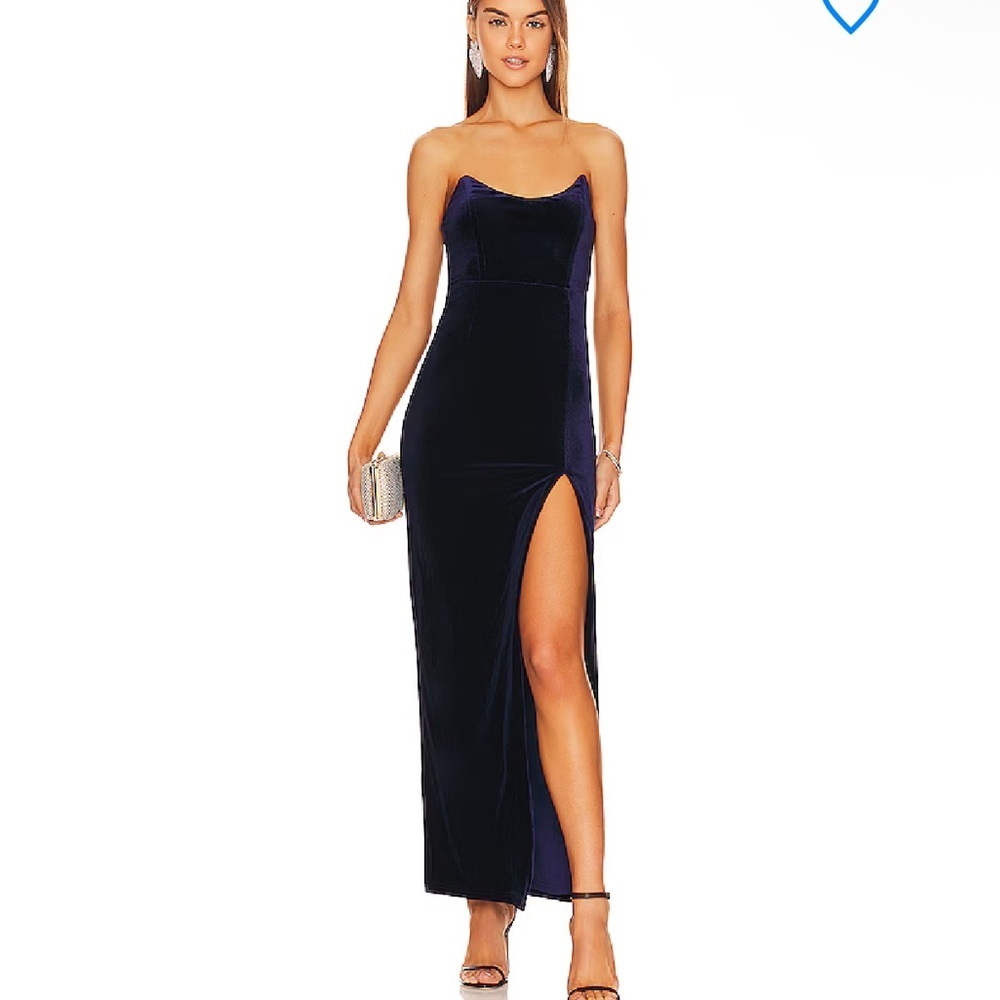 Superdown ryleigh strapless maxi dress Midnight Blue velvet high slit Revolve M